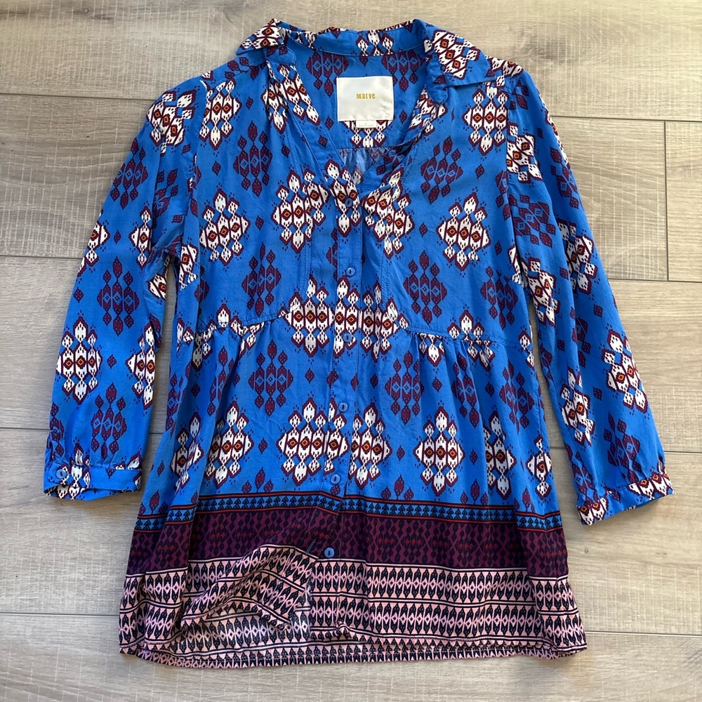 Maeve woodland walk Blue and Burgundy Patterned button downTop